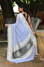 Joban Fashion Silver Crepe Chiffon Pure Handloom Banarasi Silk Saree | Grocsy