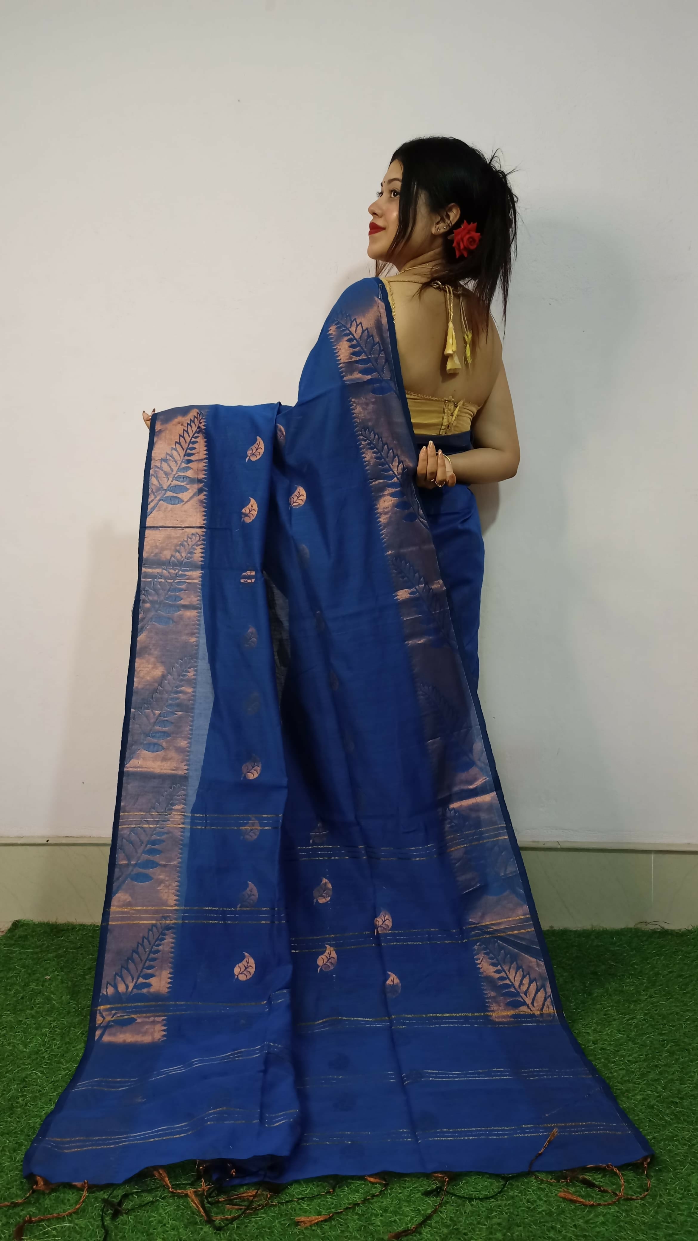 Exclusive Collection Beautiful Purssion Blue Cotton Silk Woven Handloom Saree With Running Blouse Piece | Grocsy