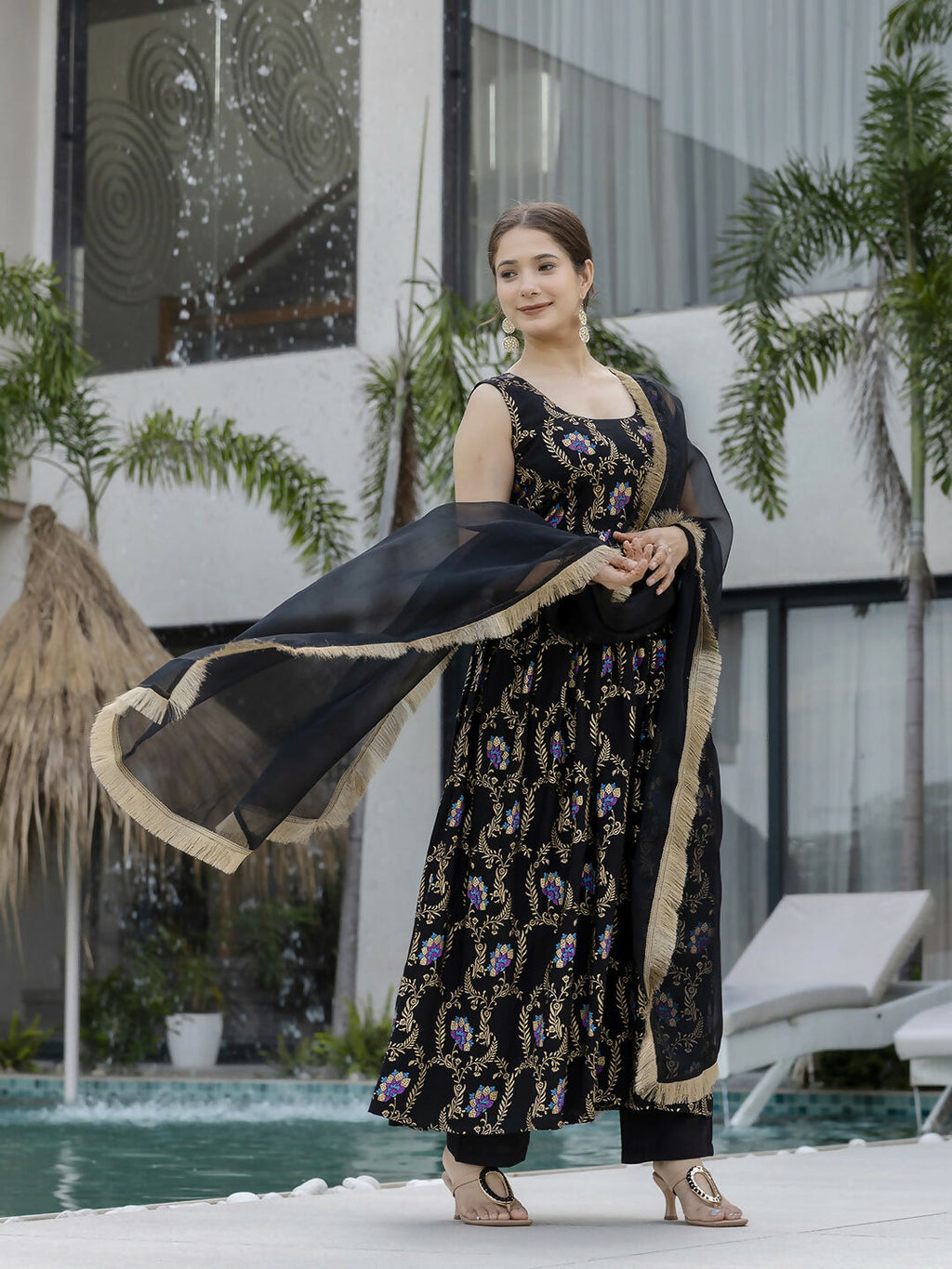 The52 Black Women's Gorgeous Printed Muslin Fabric Flared Kurta Pant and Dupatta Set | Grocsy