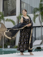 The52 Black Women's Gorgeous Printed Muslin Fabric Flared Kurta Pant and Dupatta Set | Grocsy