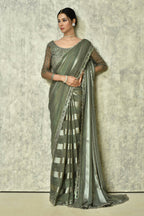 Grey Silk Stripe Saree With Blouse Piece - Purvi | Grocsy