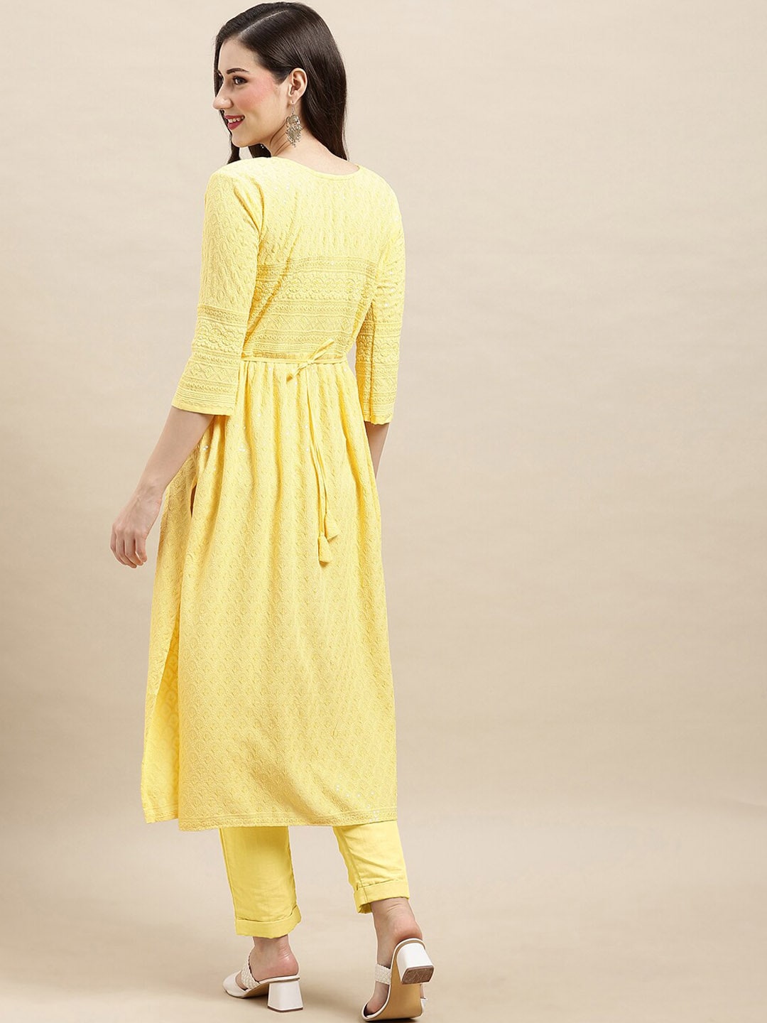 Sangria Yellow Ethnic Motifs Embroidered Chikankari A-Line Kurta | Grocsy