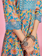 Sangria Blue Floral Printed Thread Work A-Line Kurta & Trouser With Dupatta | Grocsy