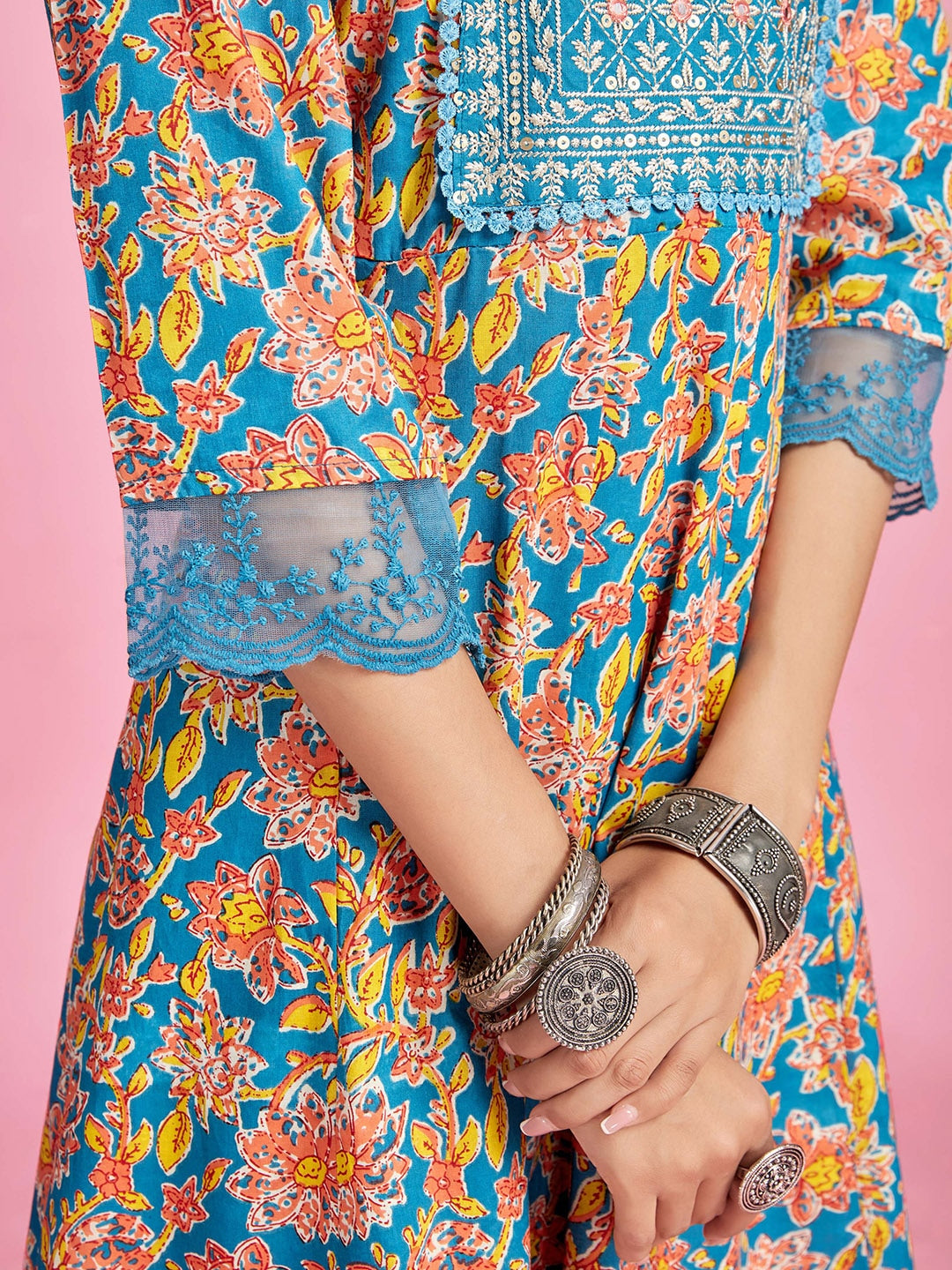 Sangria Blue Floral Printed Thread Work A-Line Kurta & Trouser With Dupatta | Grocsy