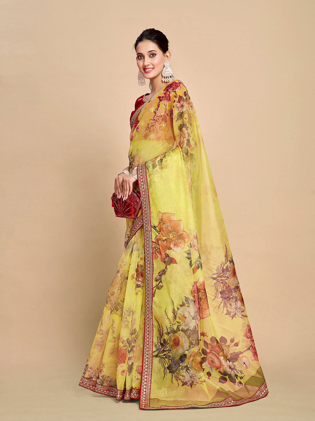 Sangria Floral Printed Embroidered Organza Saree | Grocsy