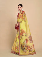 Sangria Floral Printed Embroidered Organza Saree | Grocsy
