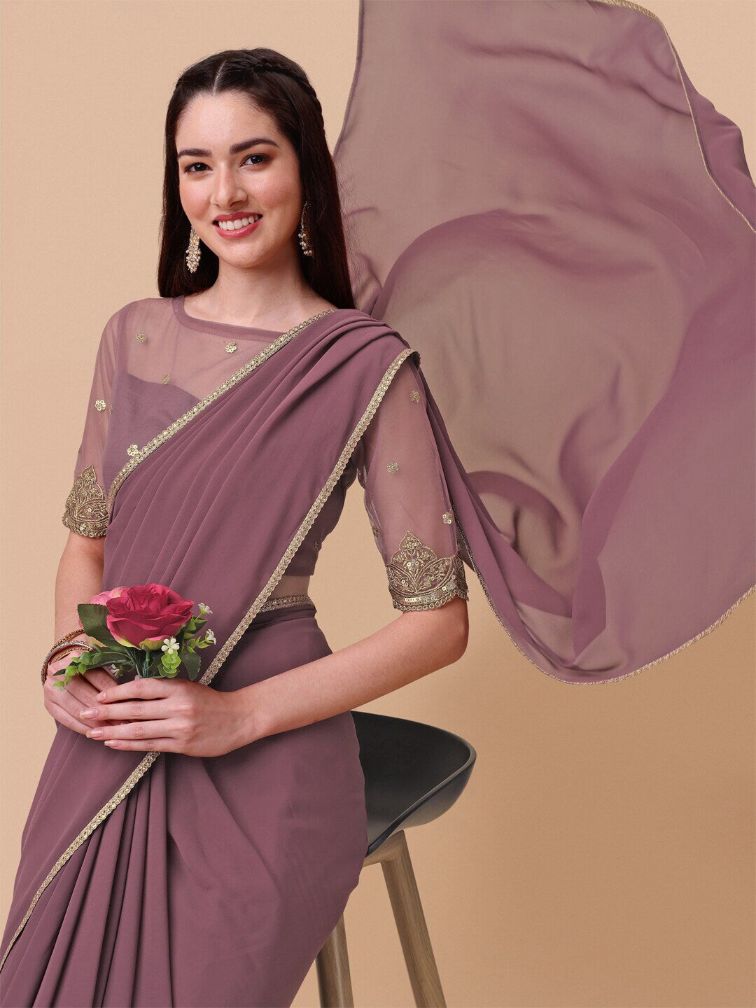 Sangria Mauve Embroidered Poly Georgette Saree | Grocsy