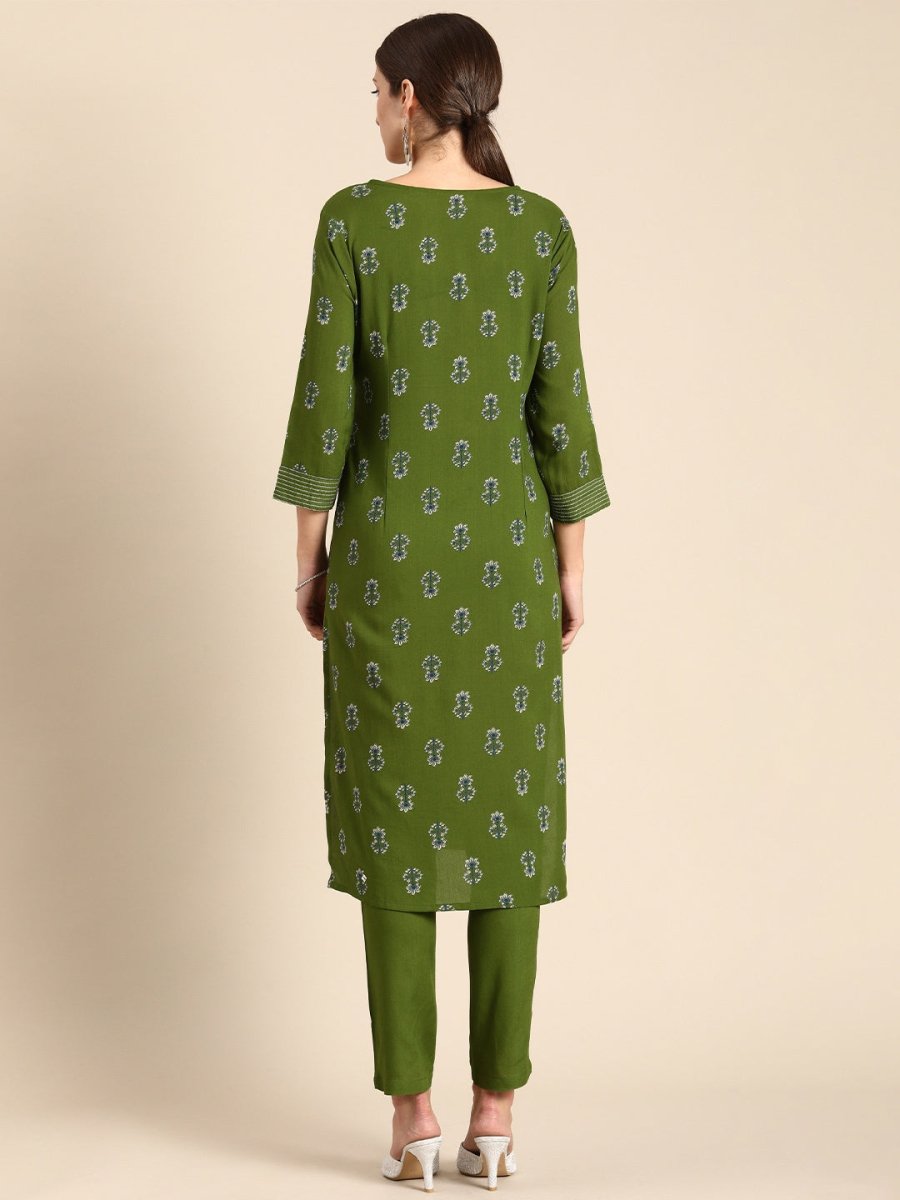 All About You Women Green Floral Printed Regular V-Neck Kurta with Trousers | Grocsy