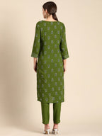 All About You Women Green Floral Printed Regular V-Neck Kurta with Trousers | Grocsy