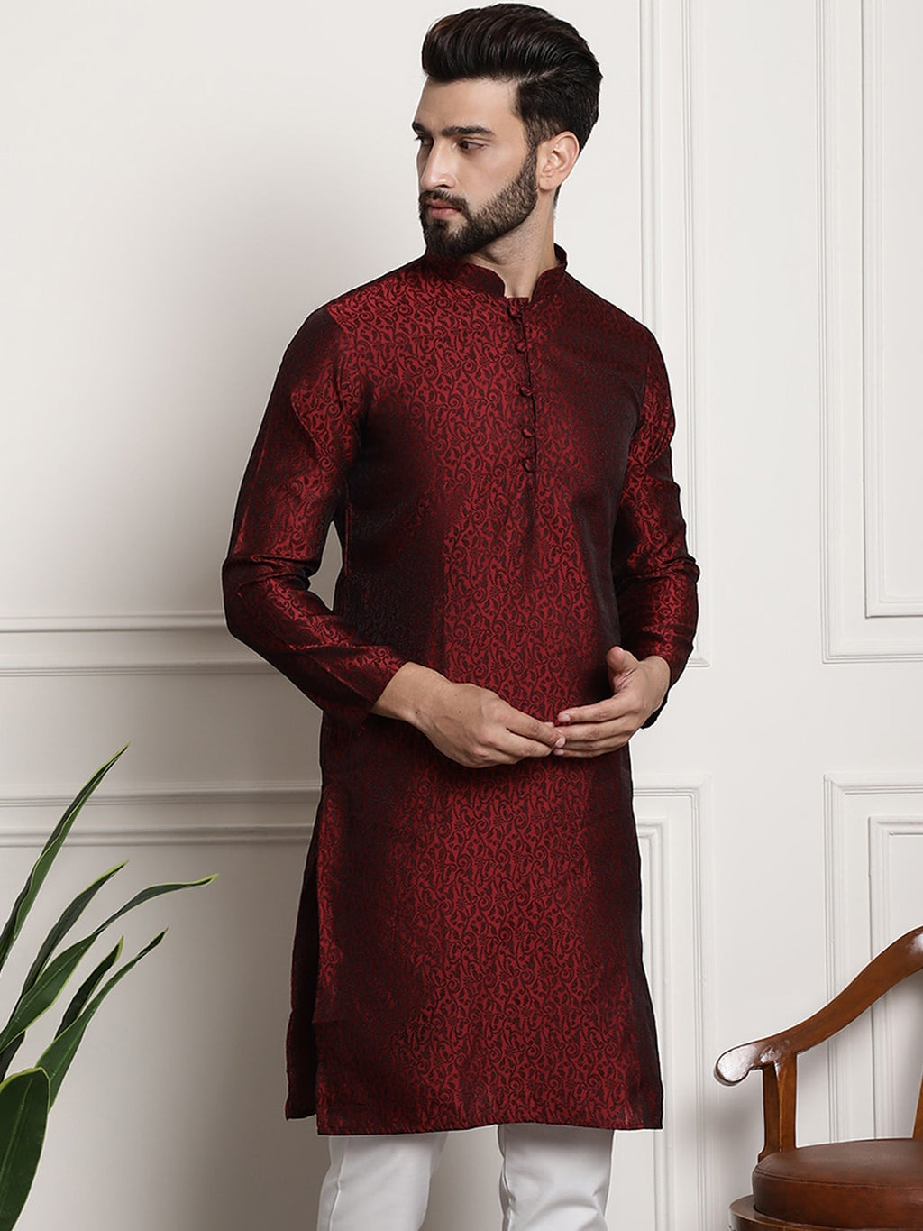 Sojanya Men Maroon Printed Straight Kurta | Grocsy