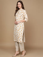 HERE&NOW Off White & Mustard Yellow Floral Printed Thread Work Sequinned Cotton Kurta | Grocsy