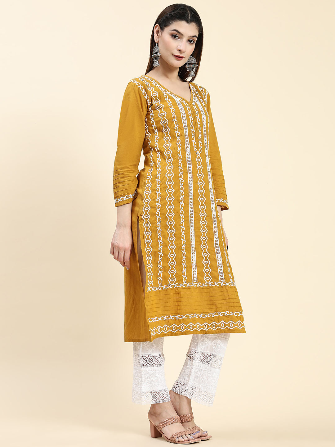 HOUSE OF KARI Ethnic Motifs Embroidered Chikankari Cotton Kurta | Grocsy
