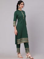 Aks Ethnic Motifs Printed Band Collar Straight Kurta with Trousers | Grocsy