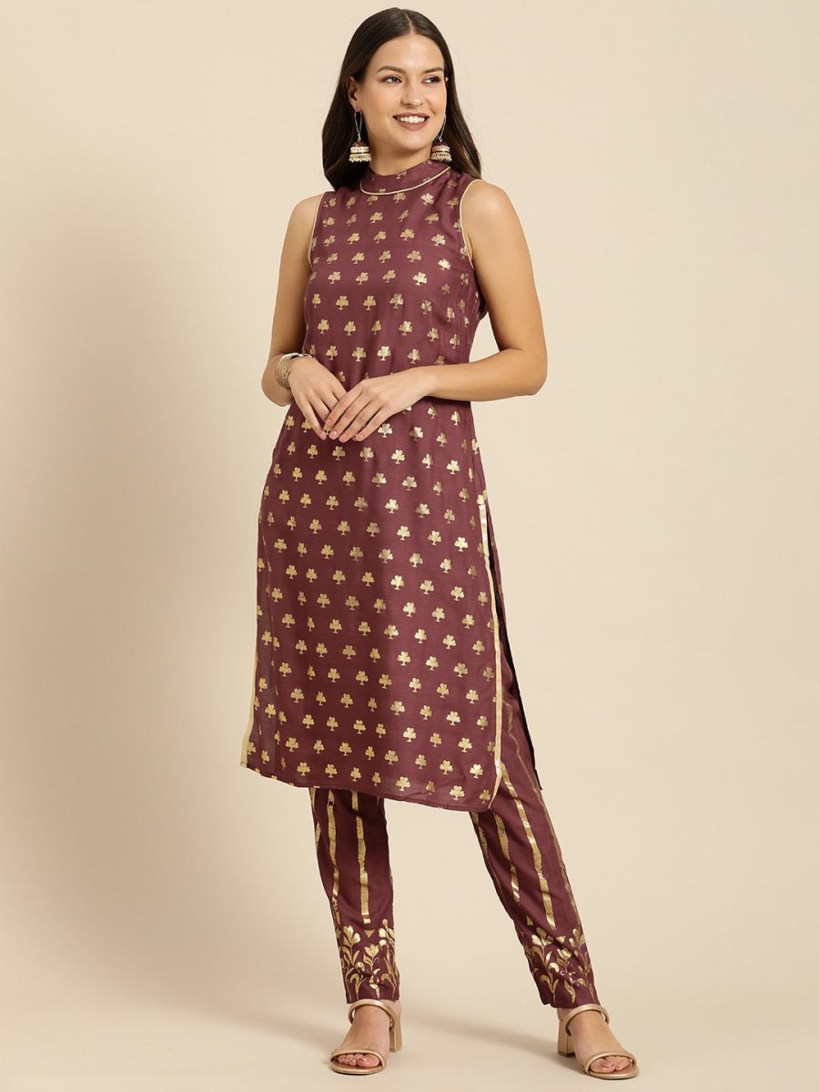 All About You Women Brown Ethnic Motifs Printed Pure Cotton Kurta with Trousers | Grocsy