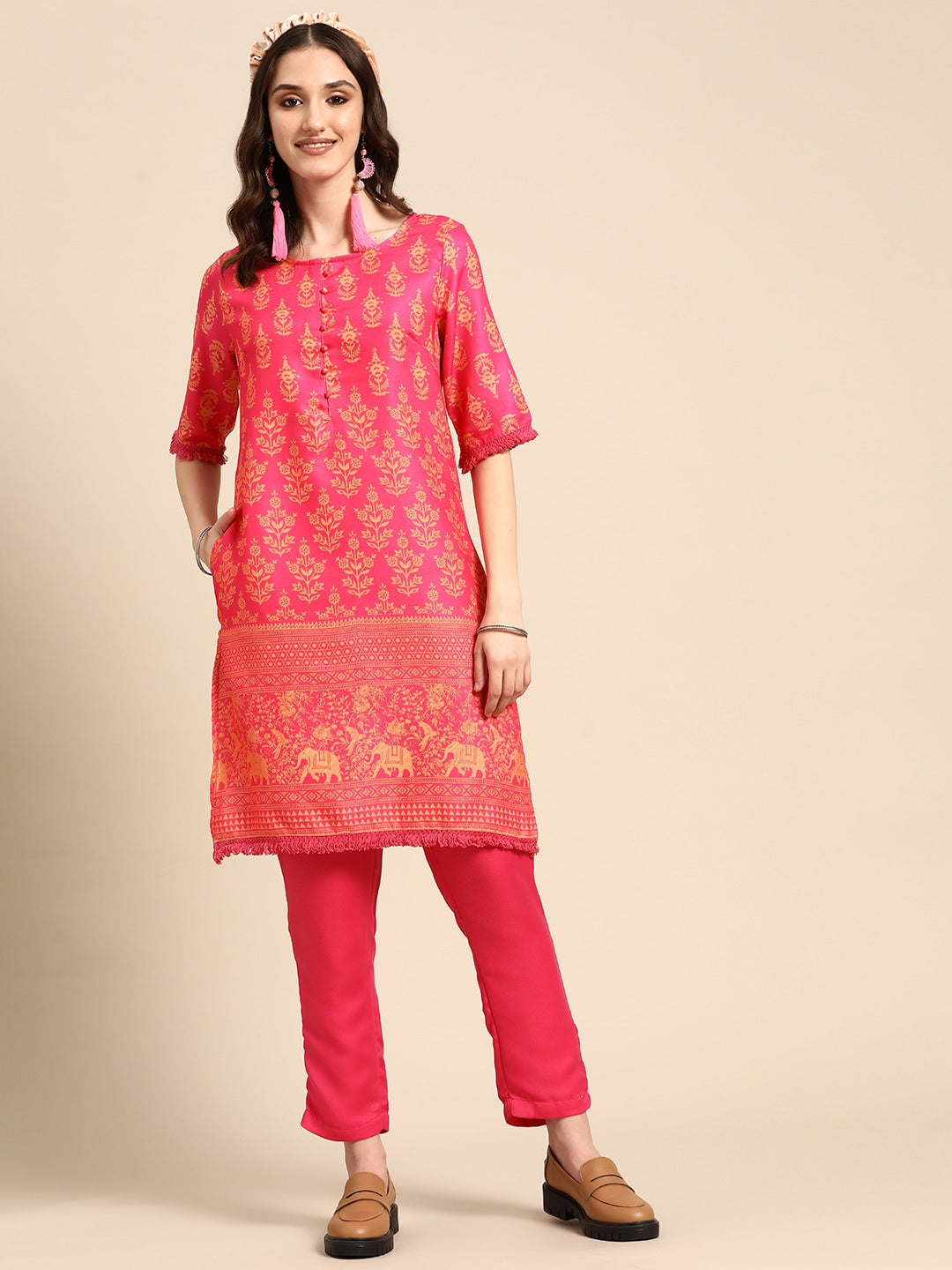 Sangria Women Pink & Yellow Ethnic Motifs Printed Kurta with Trousers | Grocsy