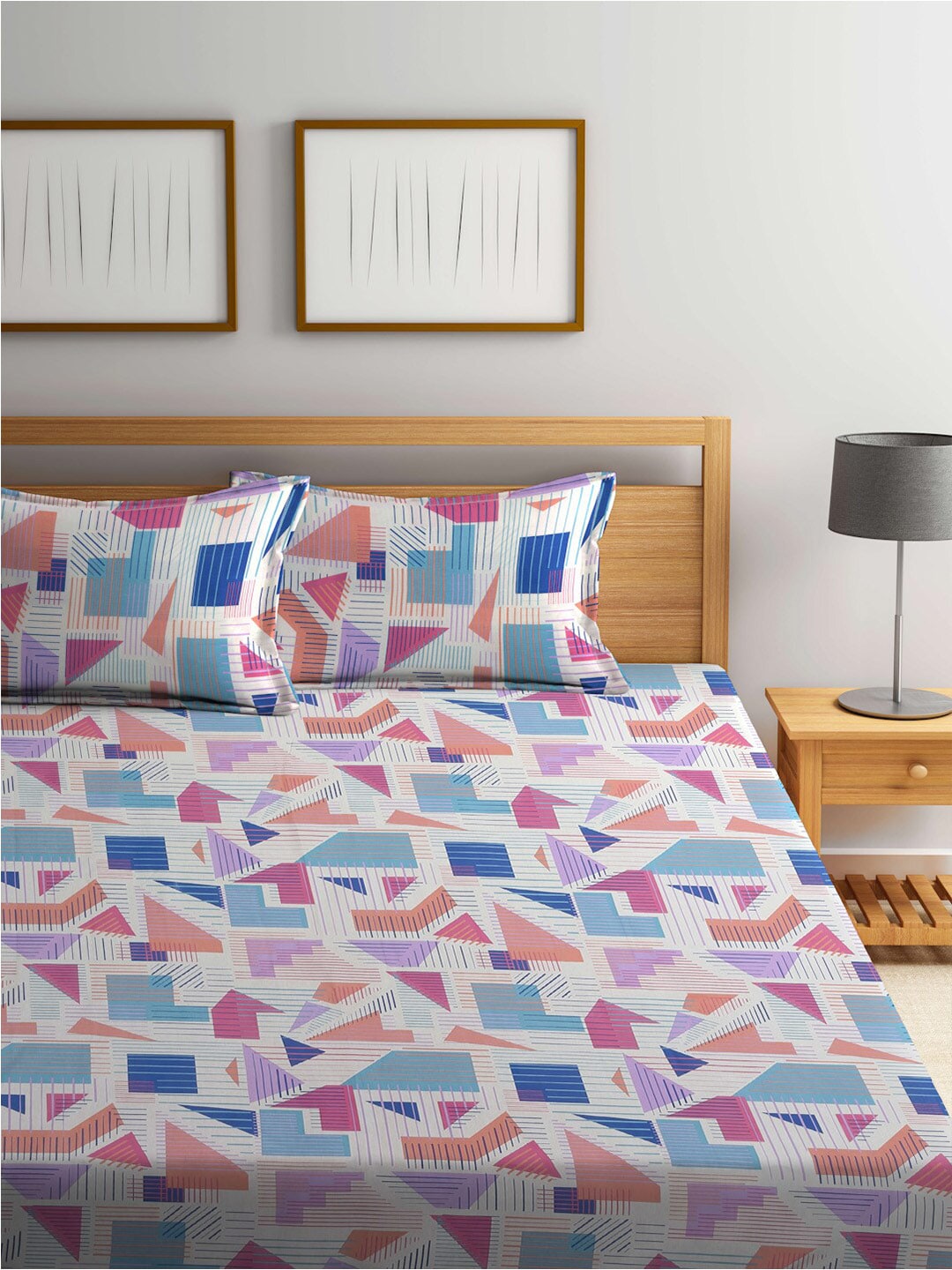 BOMBAY DYEING Serenita Blue Printed Cotton 144 TC King Bedsheet with 2 Pillow Covers | Grocsy