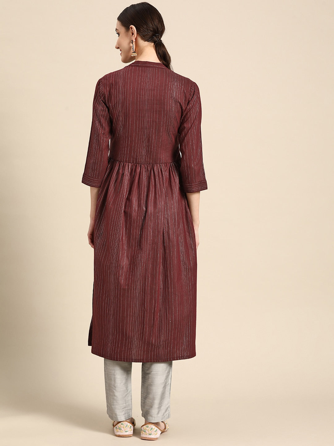 Sangria Women Maroon Striped A-Line Kurta | Grocsy