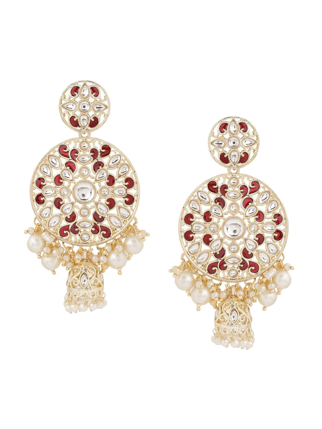 Shoshaa Maroon Contemporary Gold-Polished Kundan Drop Earrings With Jhumkas Earrings Sets | Grocsy