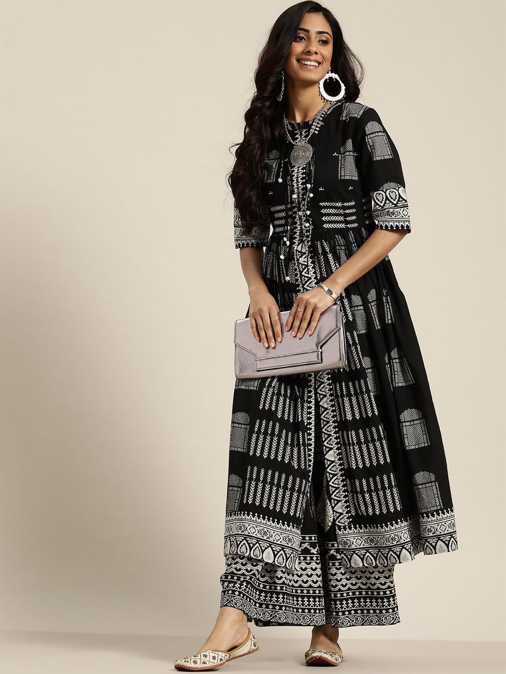 Sangria Women Black & White Ethnic Motifs Printed Pure Cotton Kurta with Sharara | Grocsy