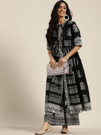 Sangria Women Black & White Ethnic Motifs Printed Pure Cotton Kurta with Sharara | Grocsy
