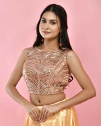 Amodini Designer Studio Copper Gold Sequined Pearl Sleeveless Padded Blouse | Grocsy
