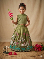 Teeya Creation New Girls Earthy Olive Green Pichwai Embroidered Lehenga Choli Set-Green | Grocsy