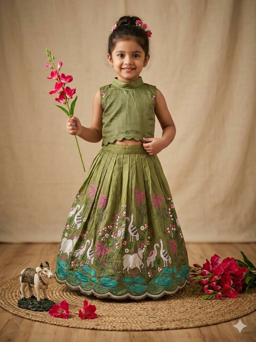 Teeya Creation New Girls Earthy Olive Green Pichwai Embroidered Lehenga Choli Set-Green | Grocsy