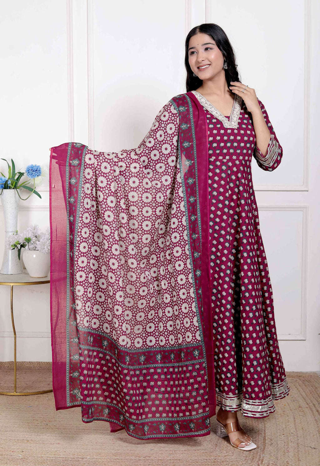 Miravan Women's Maroon embroidered Anarkali Kurta and Dupatta | Grocsy