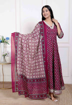 Miravan Women's Maroon embroidered Anarkali Kurta and Dupatta | Grocsy