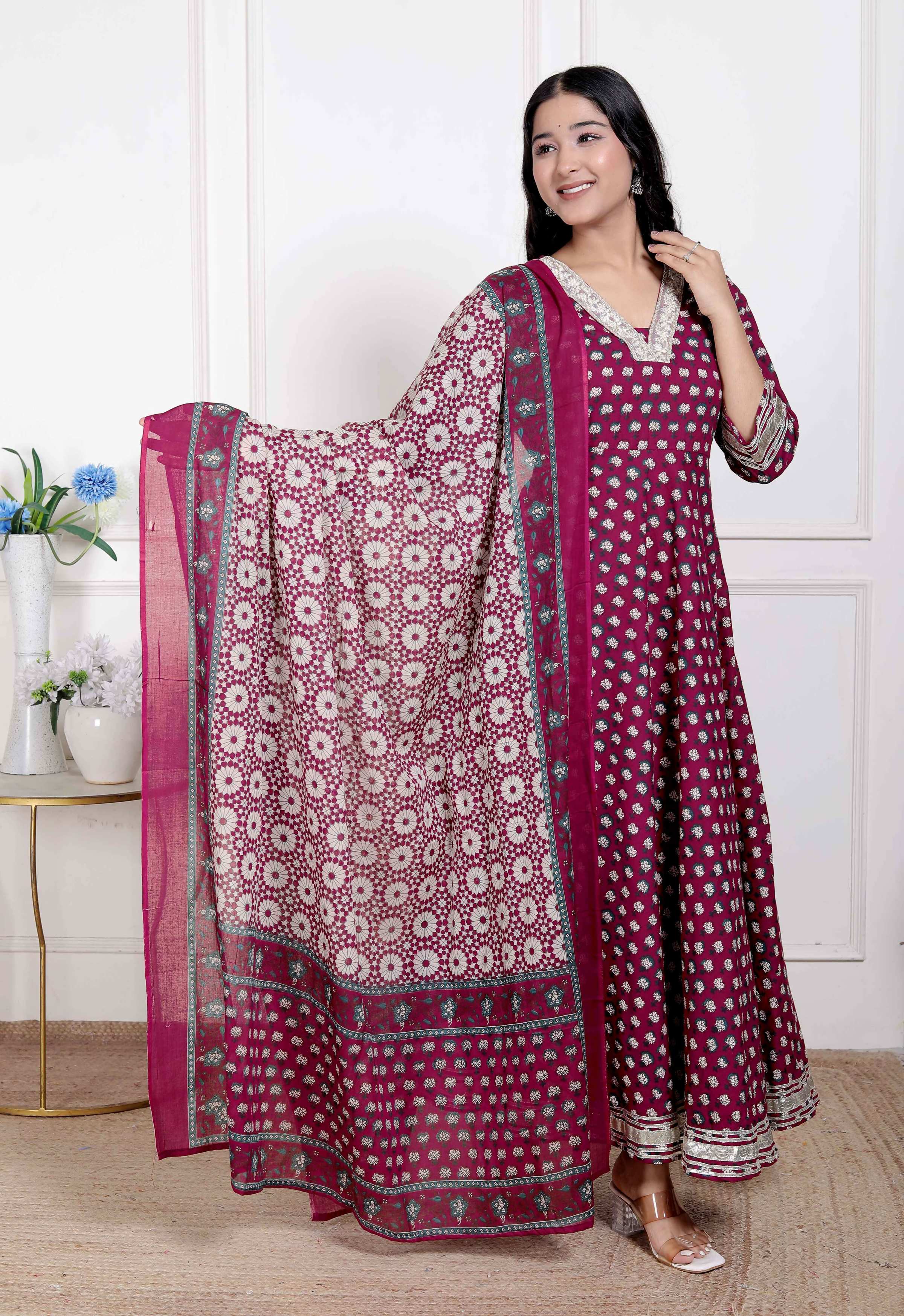 Miravan Women's Maroon embroidered Anarkali Kurta and Dupatta | Grocsy
