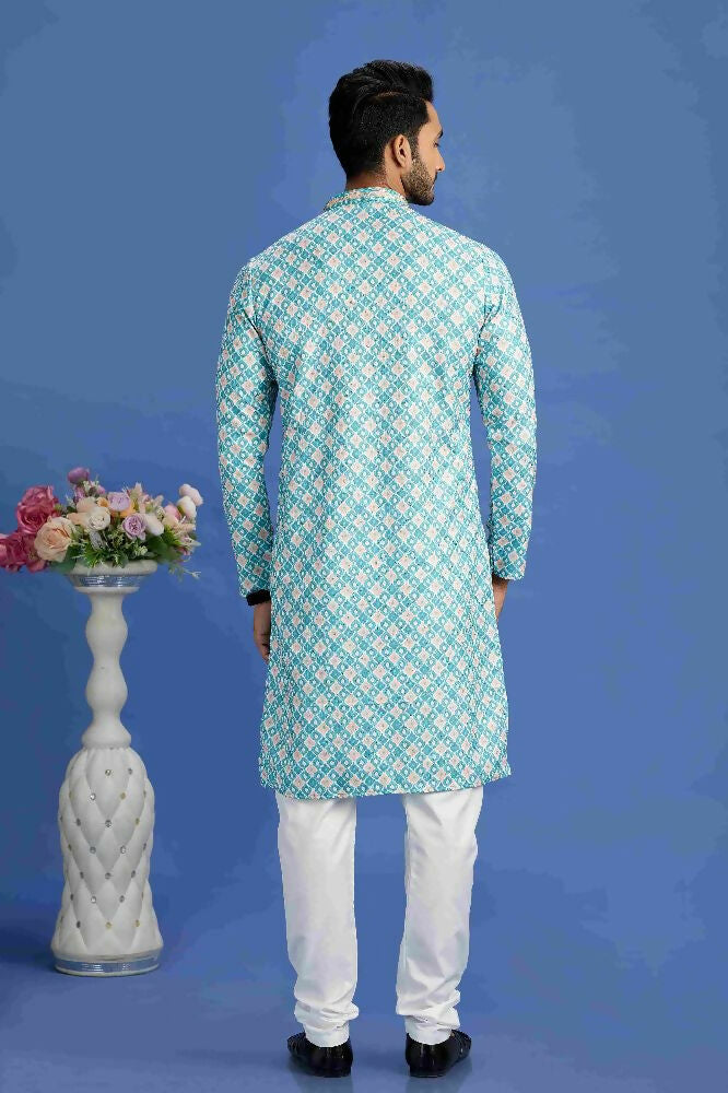Raivat Ethnic Cotton Embroidery Kurta Pajama In Teal Green Colour | Grocsy