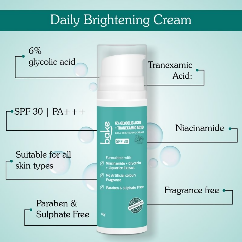 Bake 6% Glycolic + Tranexamic Acid Cream Spf 30 Pa+++ For Pigmentation & Daily Brightening Cream | Grocsy