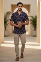 Paisley — Dark Blue Ajrakh Cotton Shirt by Hilo Design | Grocsy