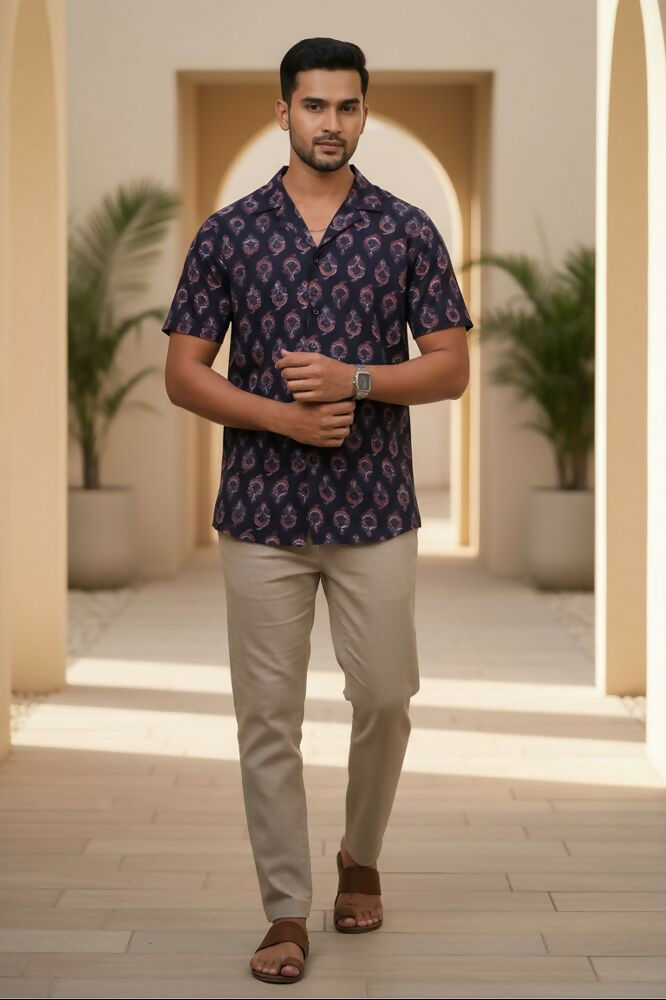 Paisley — Dark Blue Ajrakh Cotton Shirt by Hilo Design | Grocsy