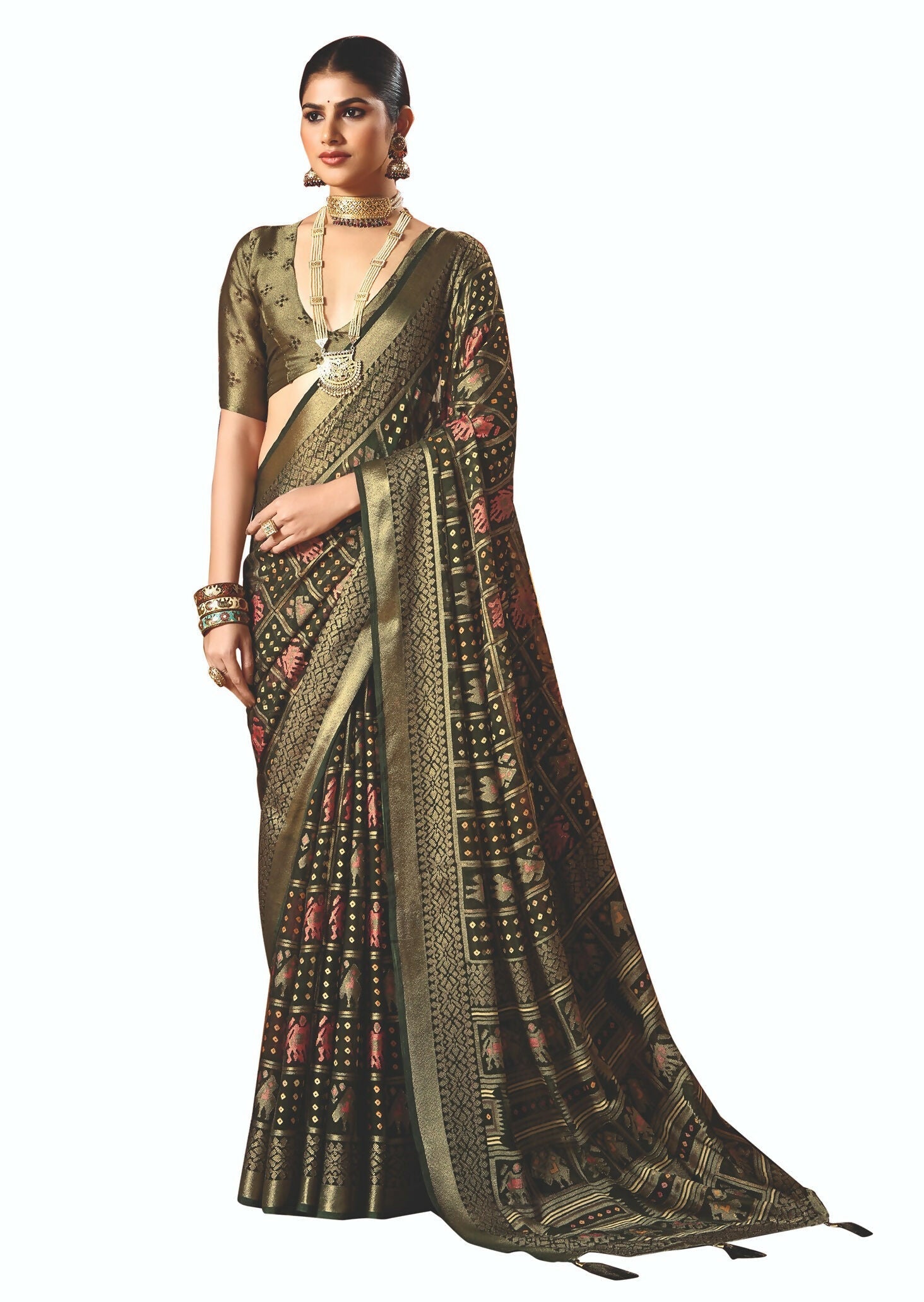 Joban Fashion Green Dull Moss Brasso Saree | Grocsy