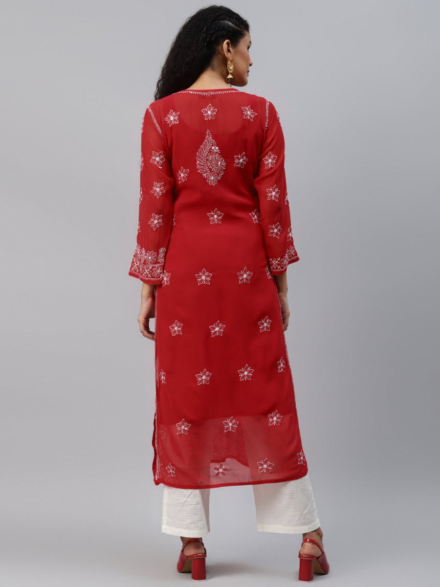 ADA Women Red & White Hand Embroidered Chikankari Sustainable Handloom Kurta With Matching Slip | Grocsy