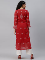 ADA Women Red & White Hand Embroidered Chikankari Sustainable Handloom Kurta With Matching Slip | Grocsy