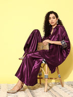 InWeave Women's Wine Navy Brocade Satin Boho Kurta Palazzo Set | Grocsy