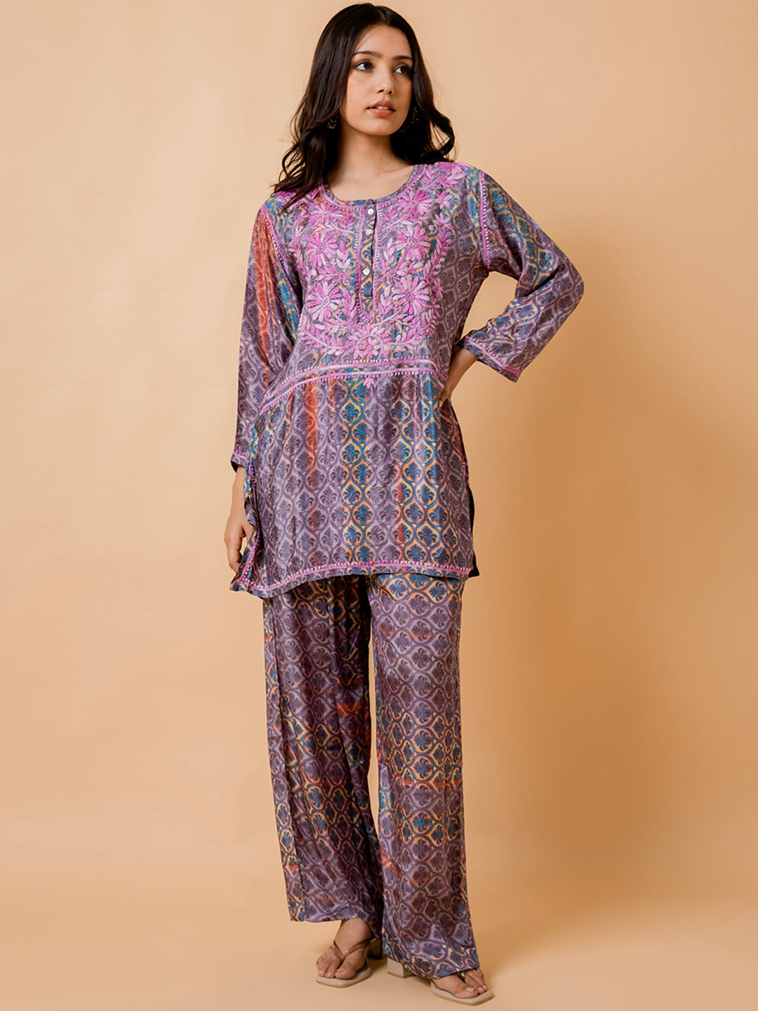 HOUSE OF KARI Floral Embroidered Regular Chikankari Straight Kurta with Palazzos | Grocsy