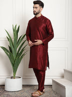 Sojanya Men Maroon & Beige Solid Kurta with Churidar & Printed Nehru Jacket | Grocsy