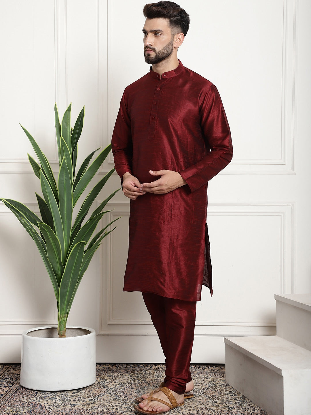 Sojanya Men Maroon & Beige Solid Kurta with Churidar & Printed Nehru Jacket | Grocsy