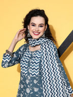All About You Blue Floral Printed Gotta Patti Pure Cotton Kurta With Trousers & Dupatta | Grocsy