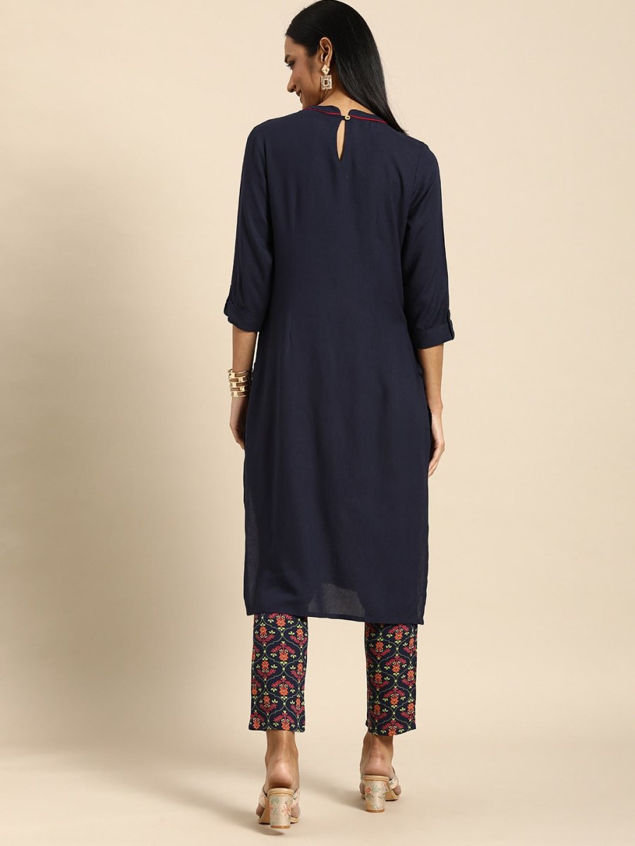 All About You Women Navy Blue Floral Embroidered Regular Thread Work Kurta with Trousers | Grocsy
