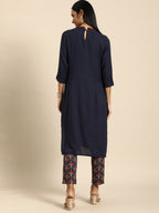 All About You Women Navy Blue Floral Embroidered Regular Thread Work Kurta with Trousers | Grocsy