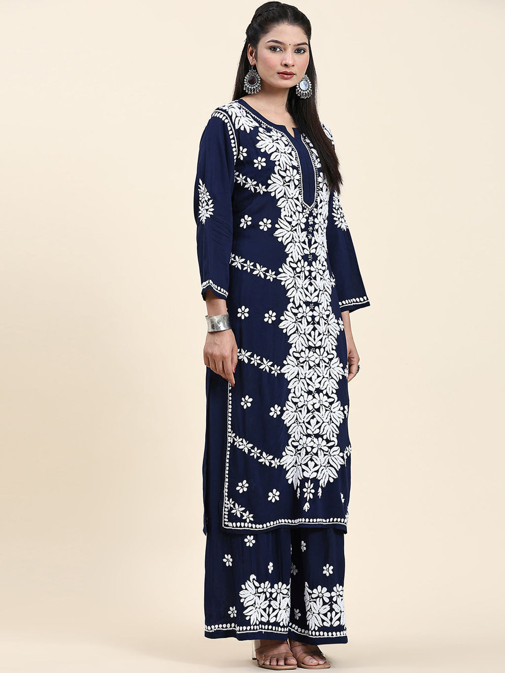 HOUSE OF KARI Ethnic Motifs Embroidered Chikankari Cotton Kurta & Palazzos | Grocsy