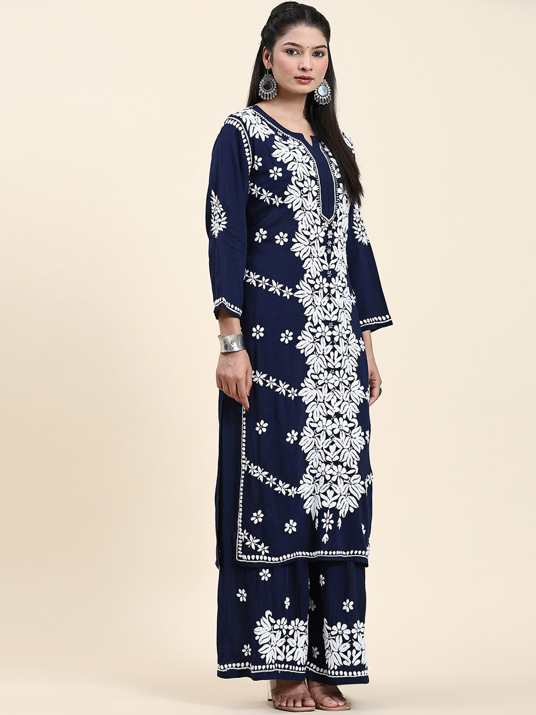 HOUSE OF KARI Ethnic Motifs Embroidered Chikankari Cotton Kurta & Palazzos | Grocsy