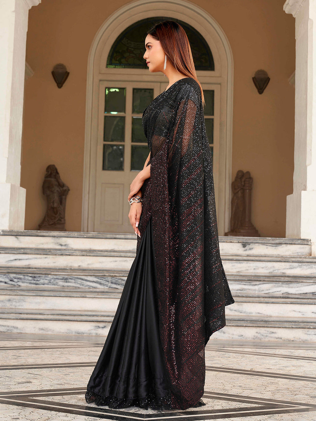 Tikhi Imli Sequinned Satin Heavy Work Saree | Grocsy