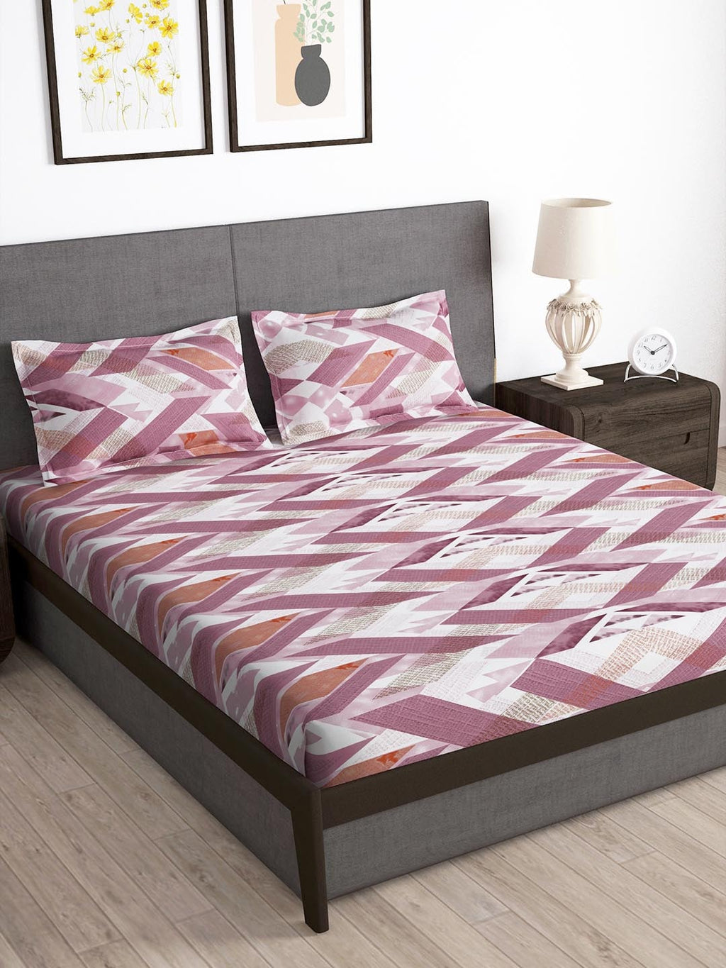 Story@home Arena Pink & White Geometric Printed 180 TC Bedsheet & Pillow Covers | Grocsy