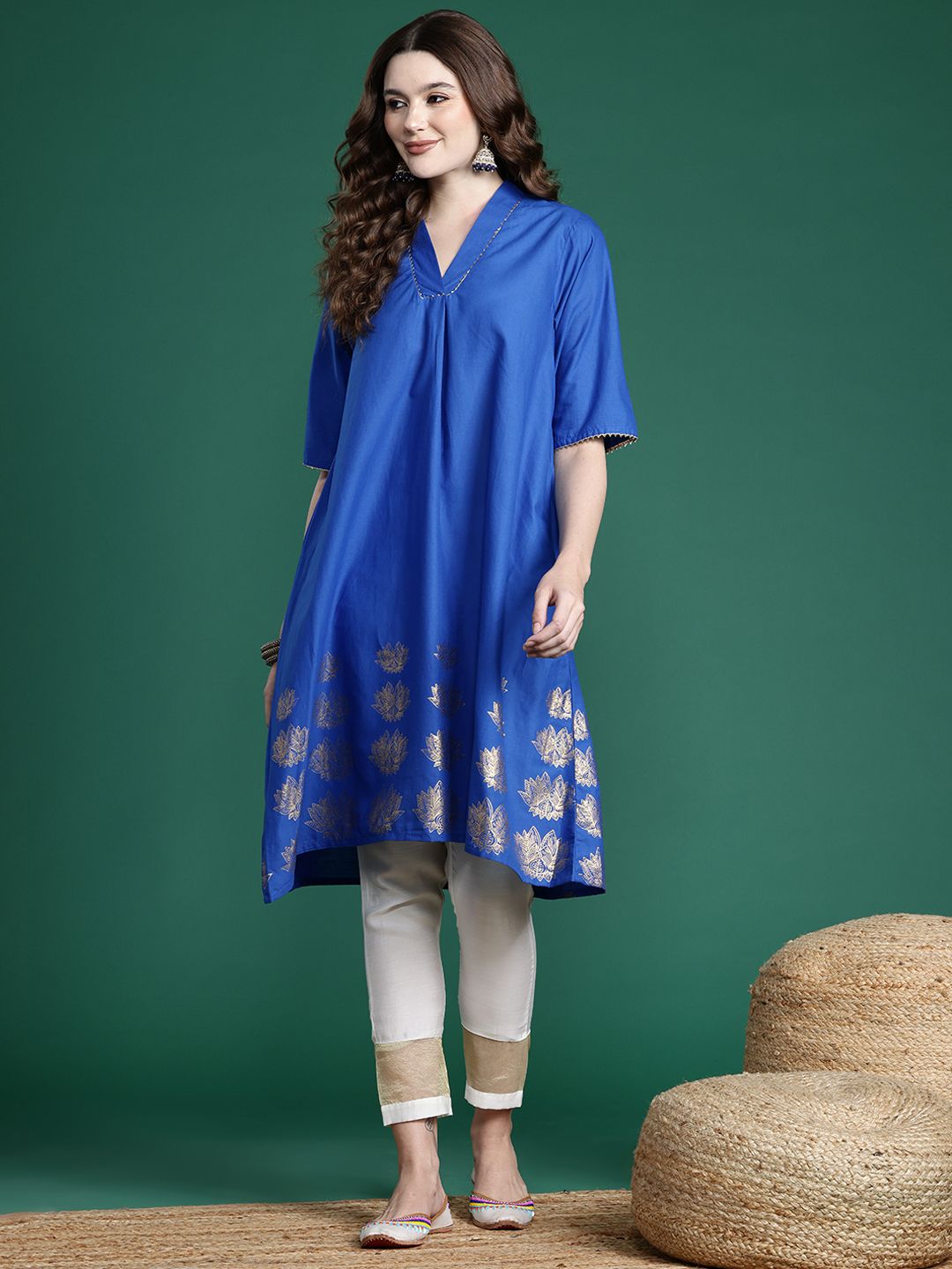 Sangria Floral Foil Printed Gota Patti Detailed A-Line Kurta | Grocsy