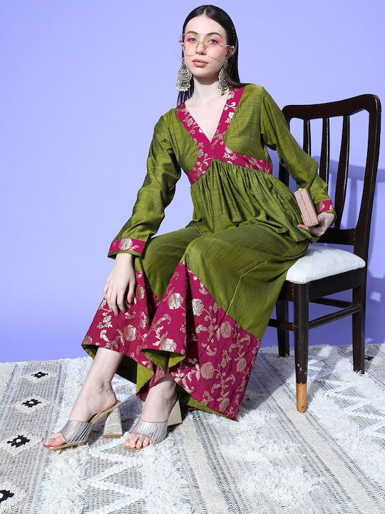 InWeave Women's Olive Wine Brocade Mughal Shaan Kurta Palazzo Set | Grocsy